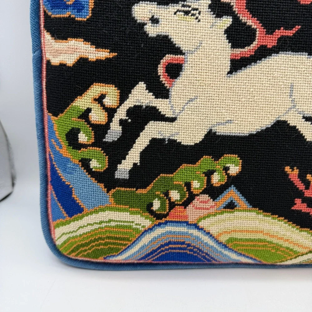VTG Needlepoint Throw Pillow Mythical White Stag horse Velvet Back Blue Black